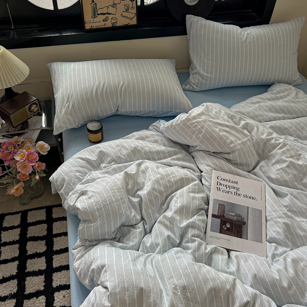 91家纺网 家纺一手货源 找家纺 花伞家居 2026新款中古风双层纱简约格纹系列（提供买家秀） 奶蓝细条