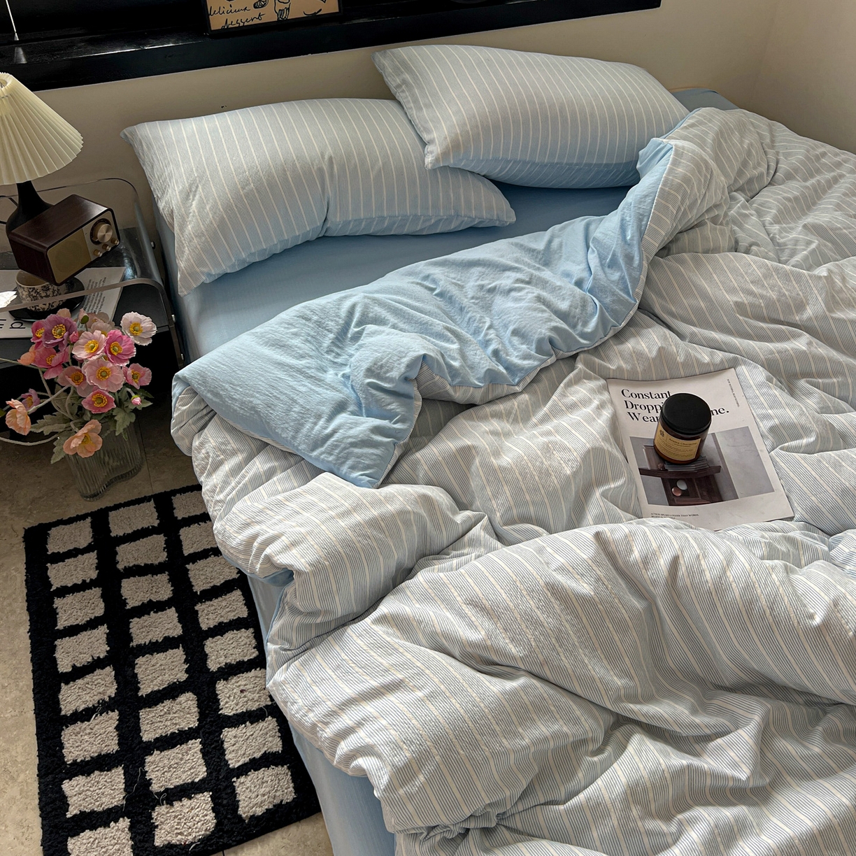 91家纺网 家纺一手货源 找家纺 花伞家居 2026新款中古风双层纱简约格纹系列（提供买家秀） 奶蓝细条