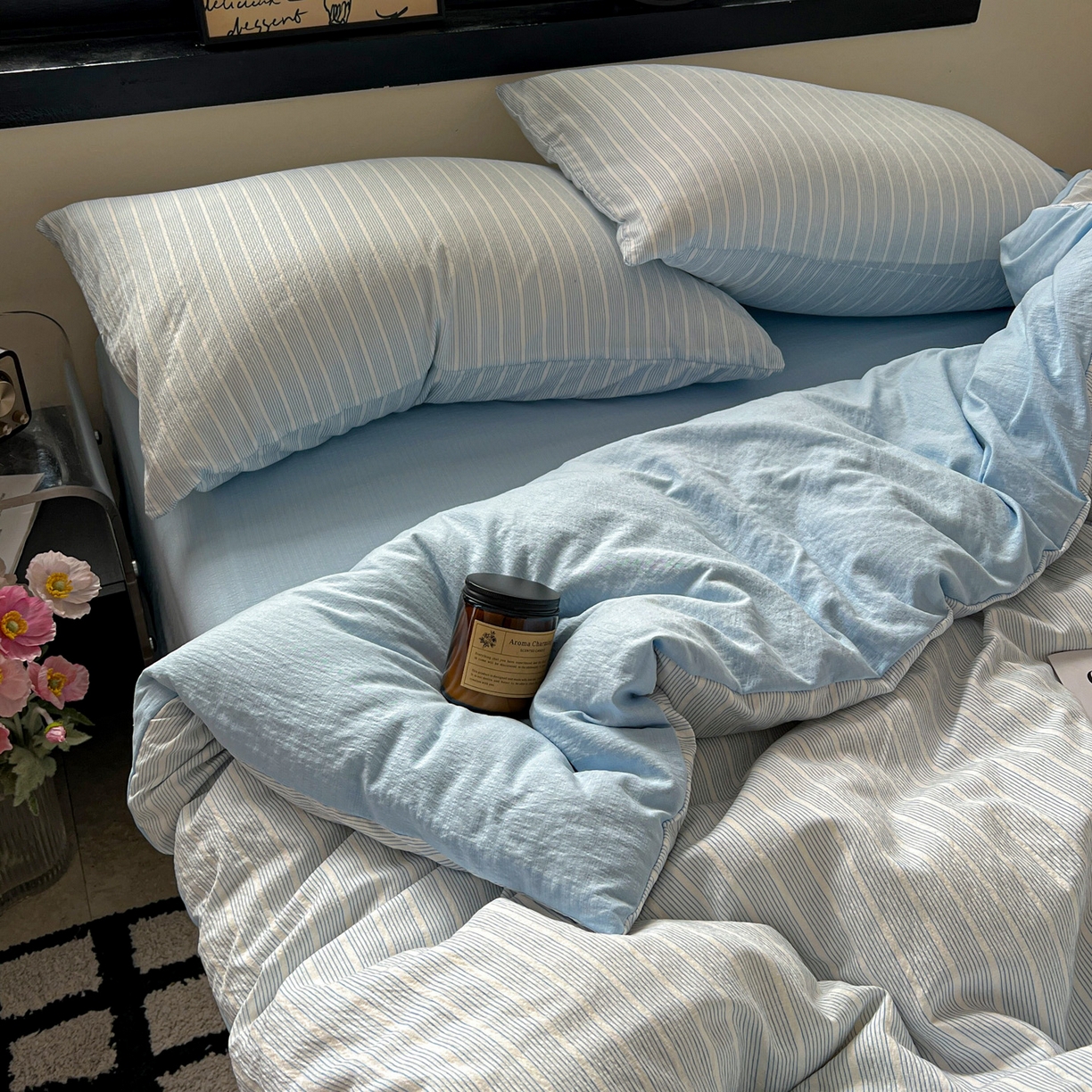 91家纺网 家纺一手货源 找家纺 花伞家居 2026新款中古风双层纱简约格纹系列（提供买家秀） 奶蓝细条