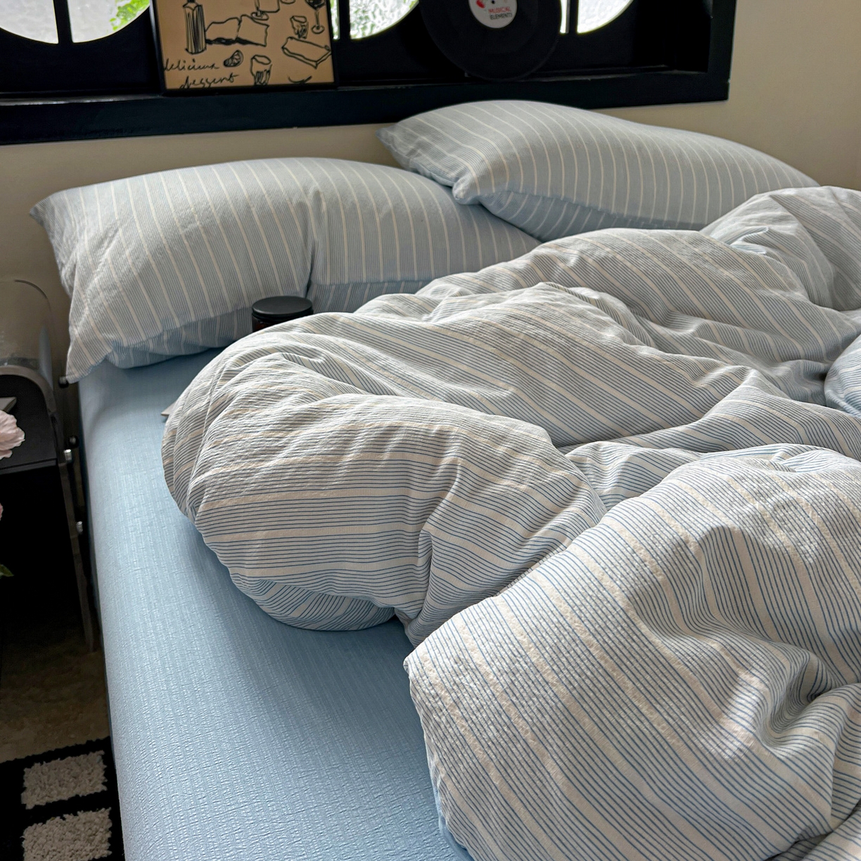 91家纺网 家纺一手货源 找家纺 花伞家居 2026新款中古风双层纱简约格纹系列（提供买家秀） 奶蓝细条