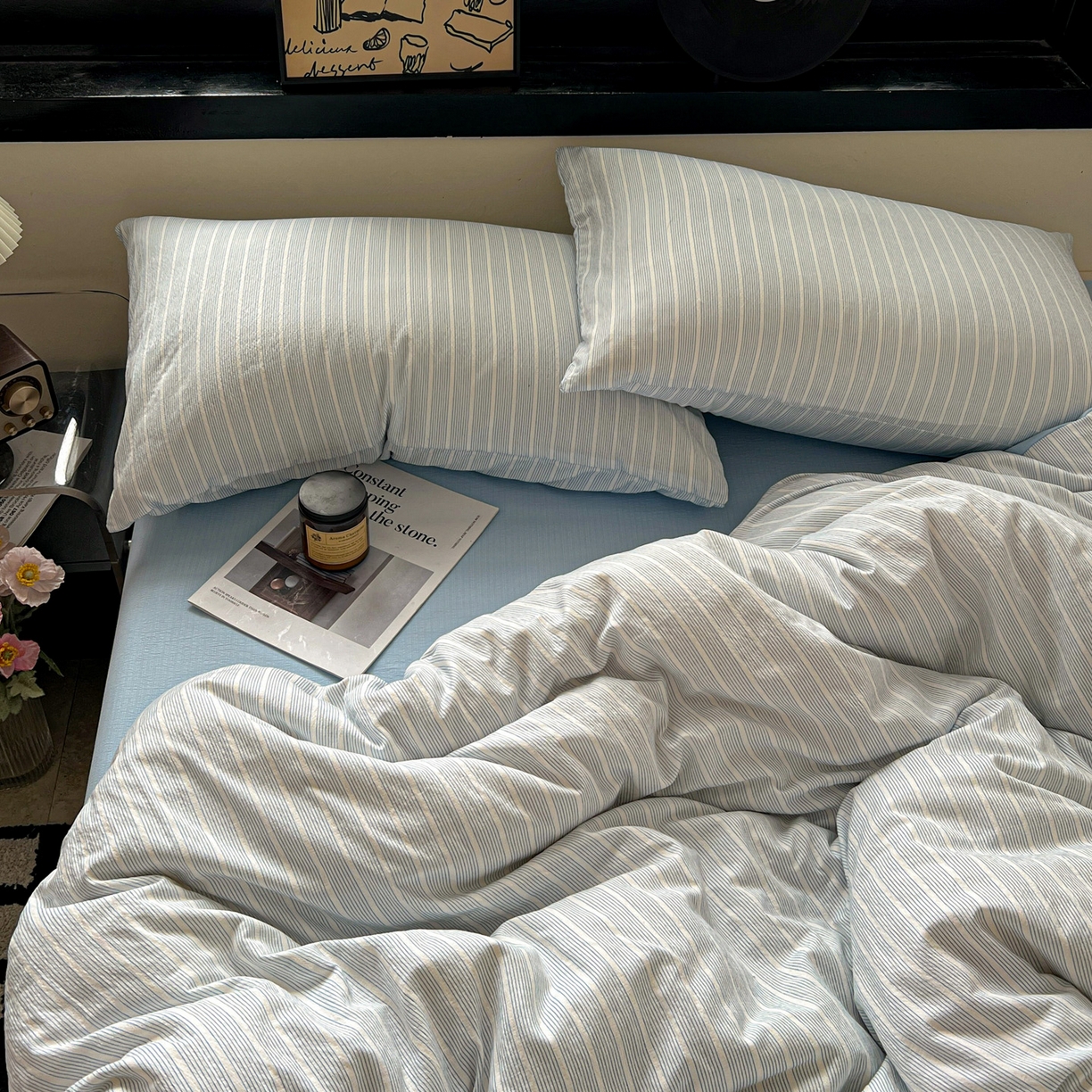 91家纺网 家纺一手货源 找家纺 花伞家居 2026新款中古风双层纱简约格纹系列（提供买家秀） 奶蓝细条