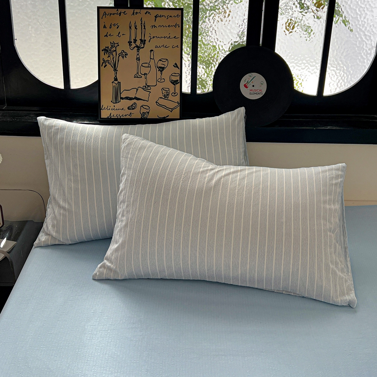 91家纺网 家纺一手货源 找家纺 花伞家居 2026新款中古风双层纱简约格纹系列（提供买家秀） 奶蓝细条