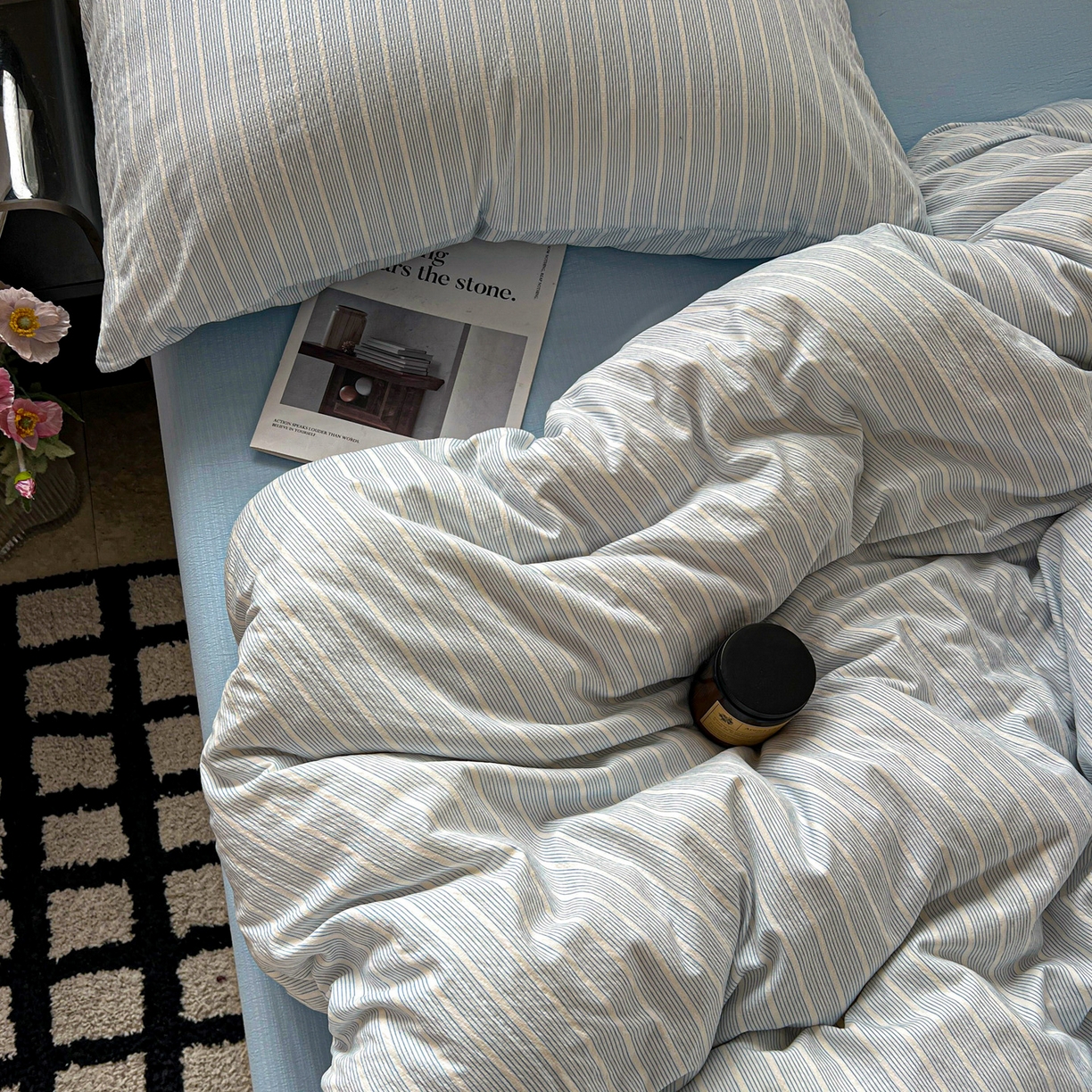 91家纺网 家纺一手货源 找家纺 花伞家居 2026新款中古风双层纱简约格纹系列（提供买家秀） 奶蓝细条