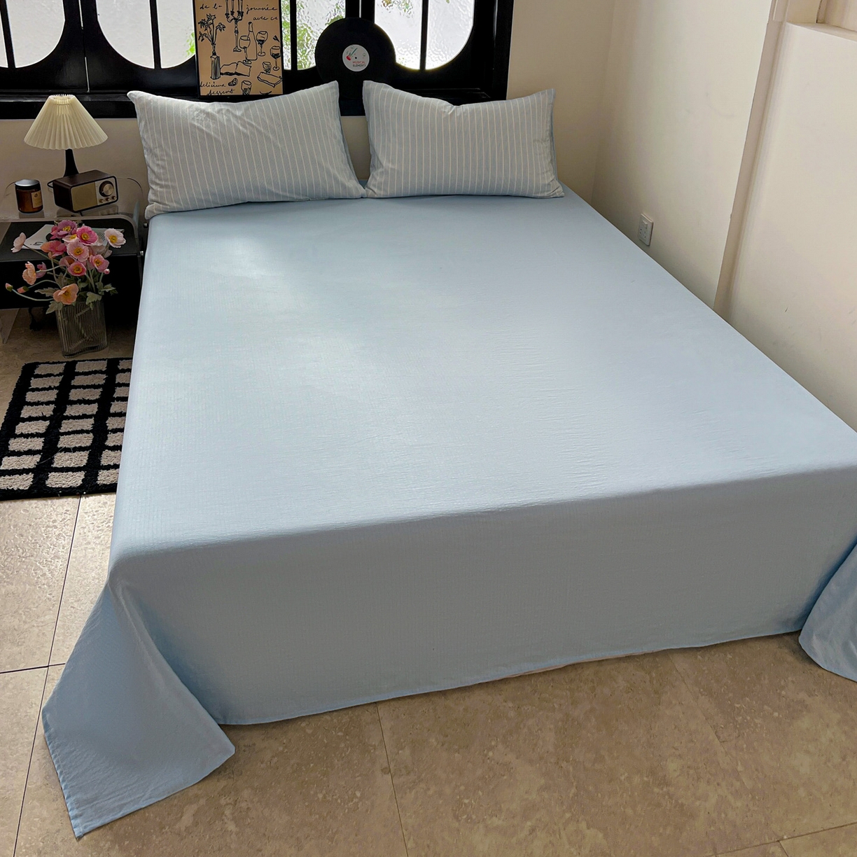 91家纺网 家纺一手货源 找家纺 花伞家居 2026新款中古风双层纱简约格纹系列（提供买家秀） 奶蓝细条