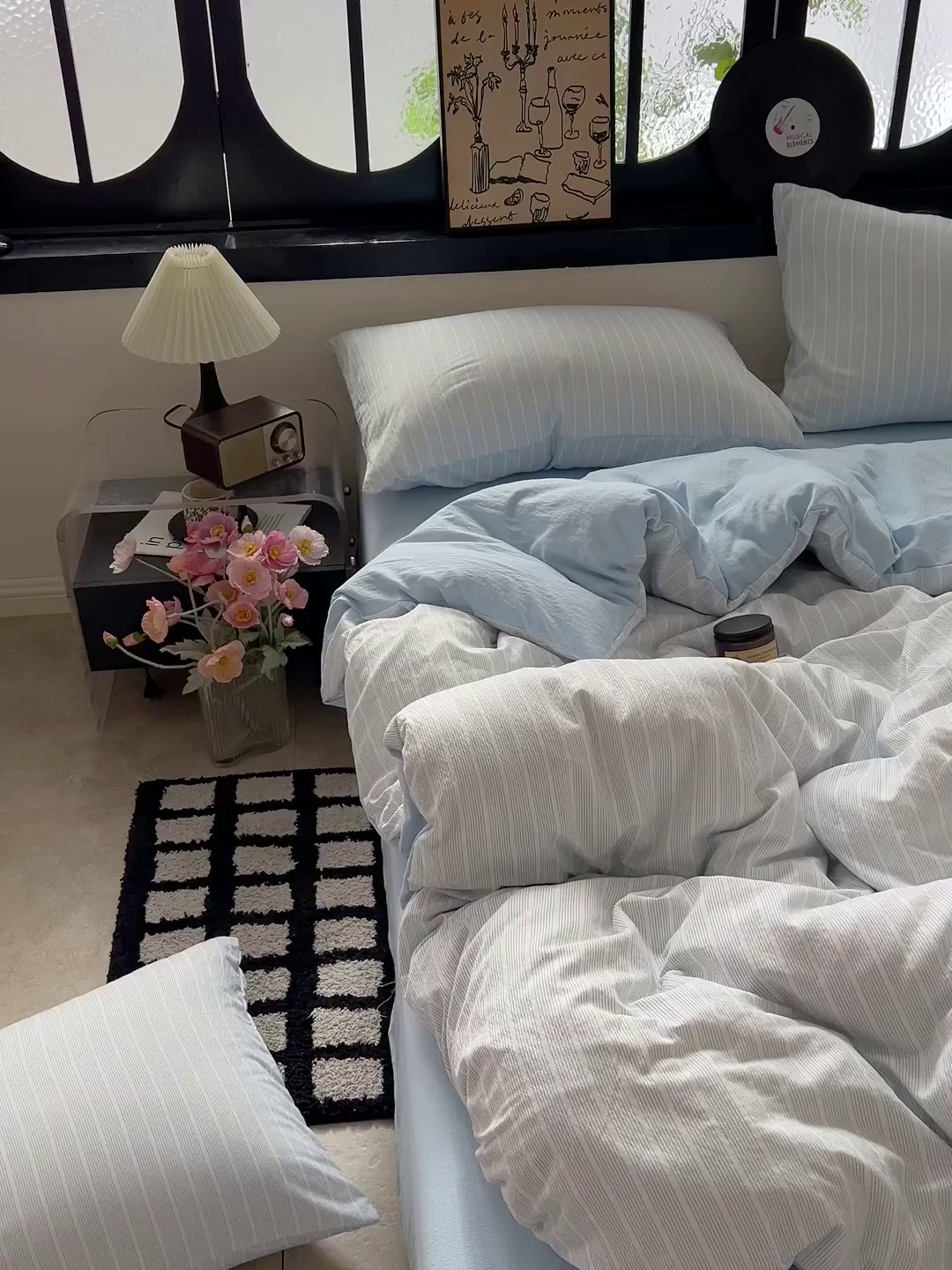 91家纺网 家纺一手货源 找家纺 花伞家居 2026新款中古风双层纱简约格纹系列（提供买家秀） 奶蓝细条