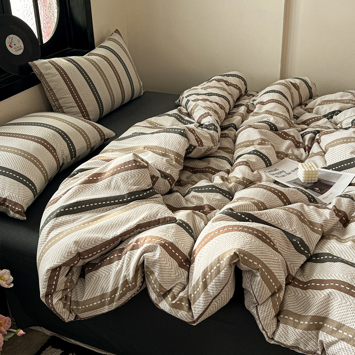 91家纺网 家纺一手货源 找家纺 花伞家居 2026新款中古风双层纱简约格纹系列（提供买家秀） 日系条纹