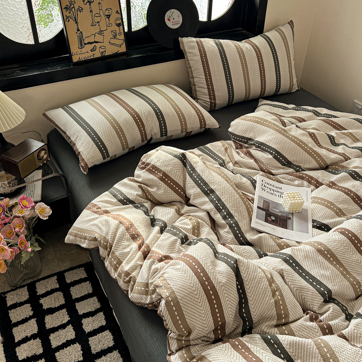 91家纺网 家纺一手货源 找家纺 花伞家居 2026新款中古风双层纱简约格纹系列（提供买家秀） 日系条纹