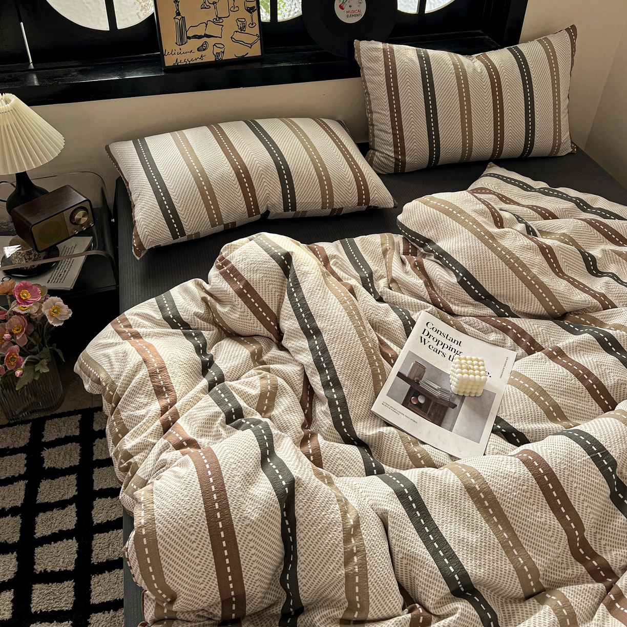 91家纺网 家纺一手货源 找家纺 花伞家居 2026新款中古风双层纱简约格纹系列（提供买家秀） 日系条纹