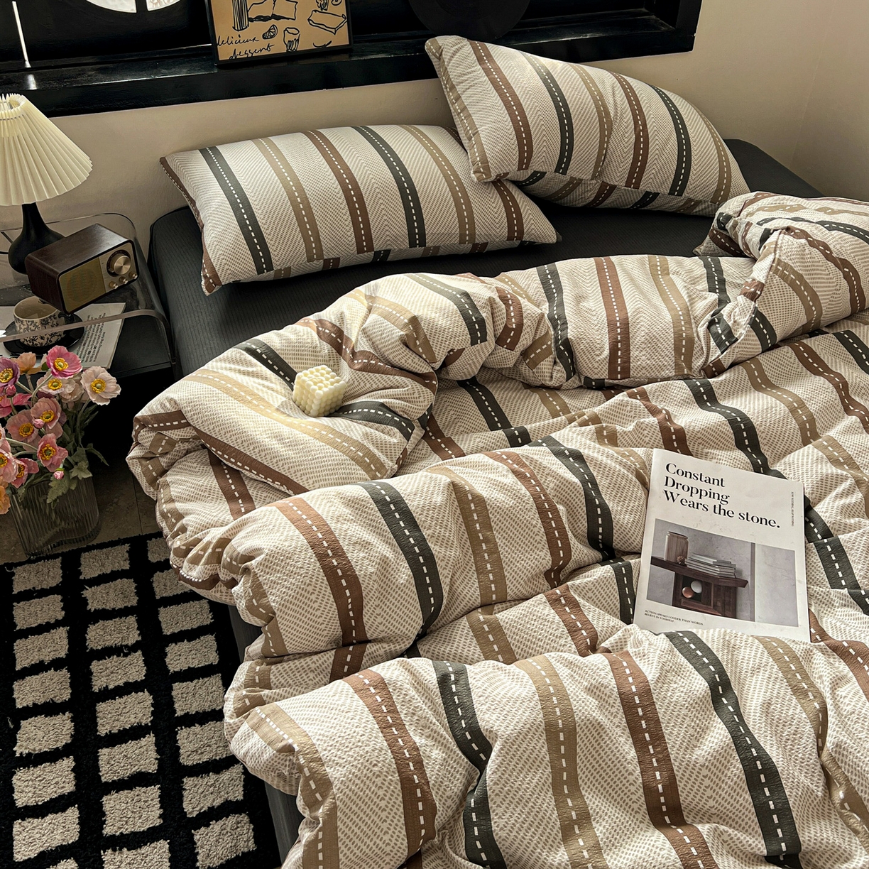 91家纺网 家纺一手货源 找家纺 花伞家居 2026新款中古风双层纱简约格纹系列（提供买家秀） 日系条纹