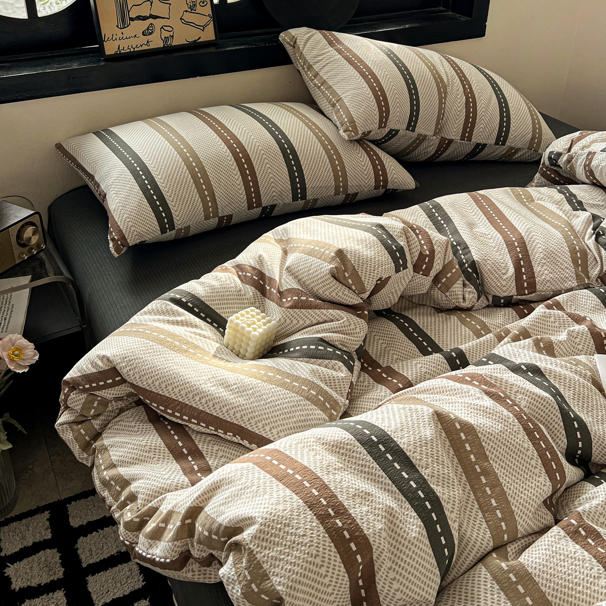 91家纺网 家纺一手货源 找家纺 花伞家居 2026新款中古风双层纱简约格纹系列（提供买家秀） 日系条纹