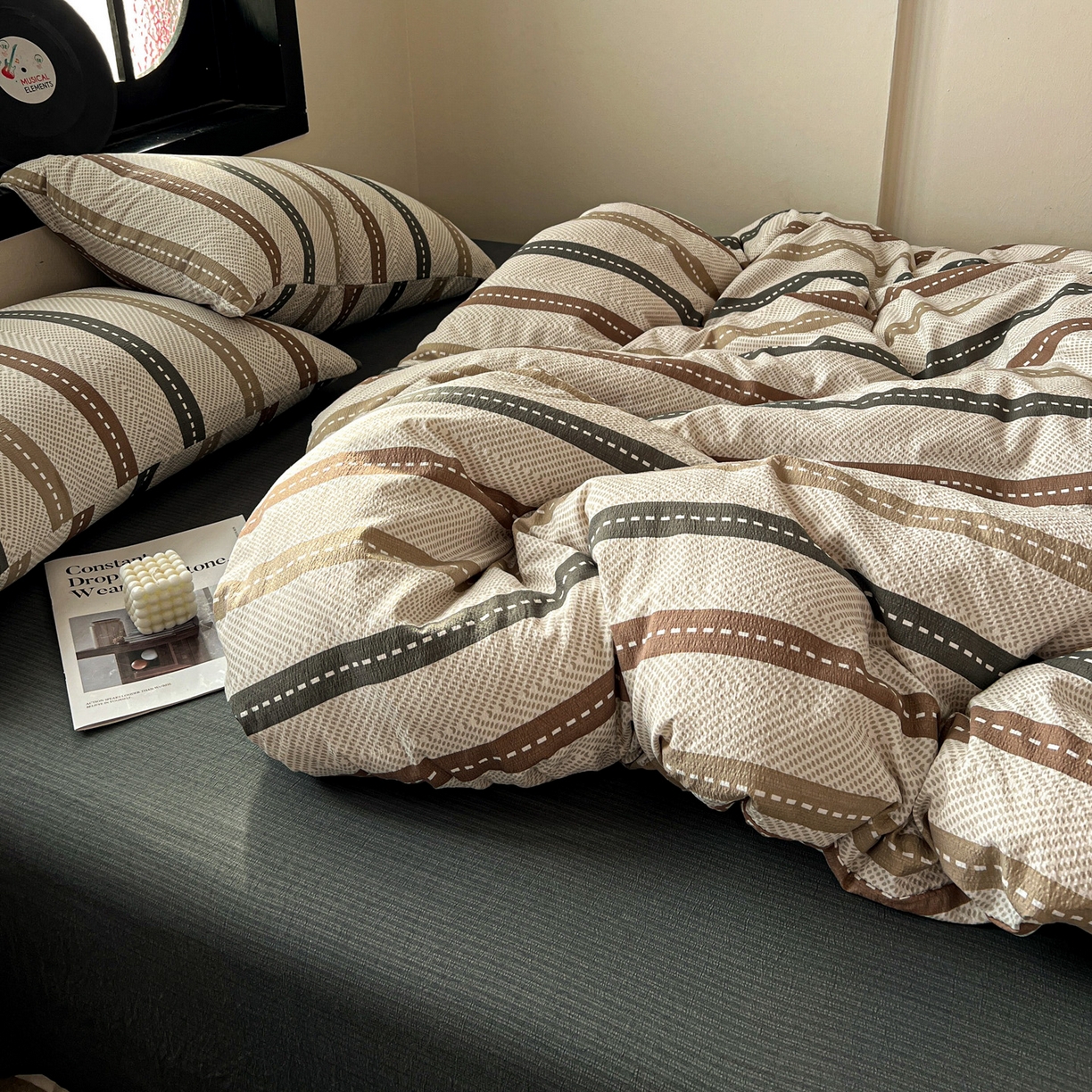 91家纺网 家纺一手货源 找家纺 花伞家居 2026新款中古风双层纱简约格纹系列（提供买家秀） 日系条纹