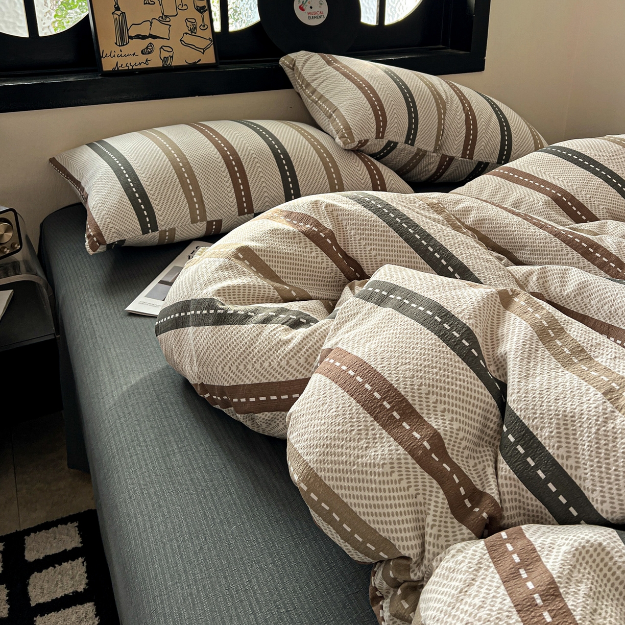 91家纺网 家纺一手货源 找家纺 花伞家居 2026新款中古风双层纱简约格纹系列（提供买家秀） 日系条纹