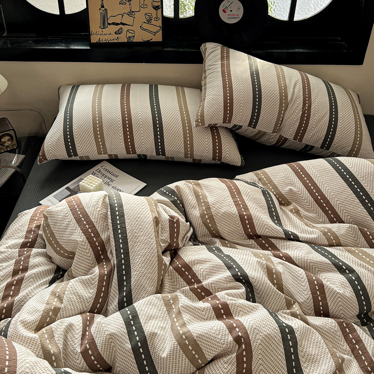 91家纺网 家纺一手货源 找家纺 花伞家居 2026新款中古风双层纱简约格纹系列（提供买家秀） 日系条纹