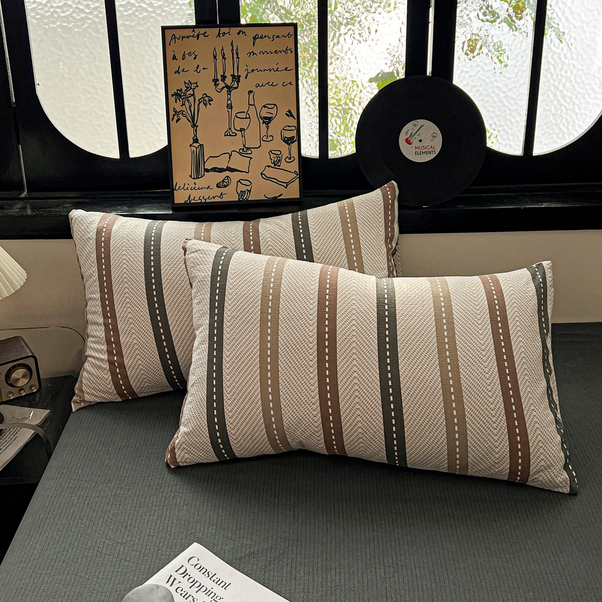 91家纺网 家纺一手货源 找家纺 花伞家居 2026新款中古风双层纱简约格纹系列（提供买家秀） 日系条纹