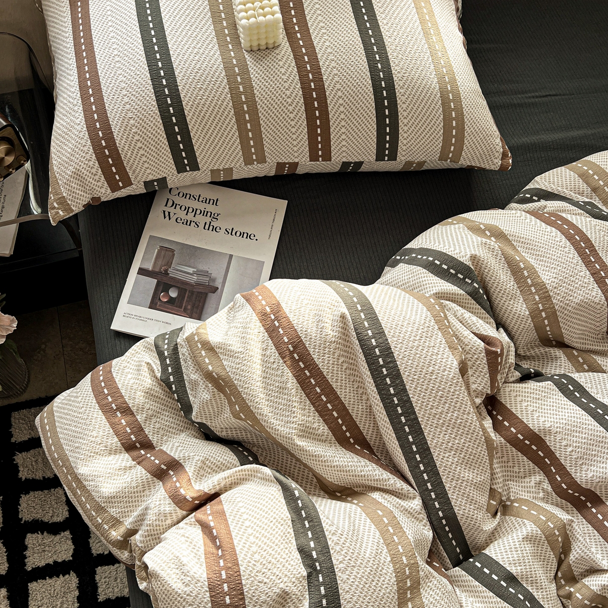 91家纺网 家纺一手货源 找家纺 花伞家居 2026新款中古风双层纱简约格纹系列（提供买家秀） 日系条纹