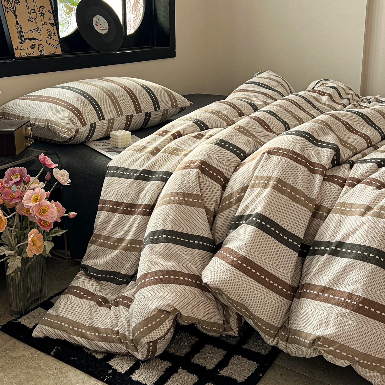 91家纺网 家纺一手货源 找家纺 花伞家居 2026新款中古风双层纱简约格纹系列（提供买家秀） 日系条纹