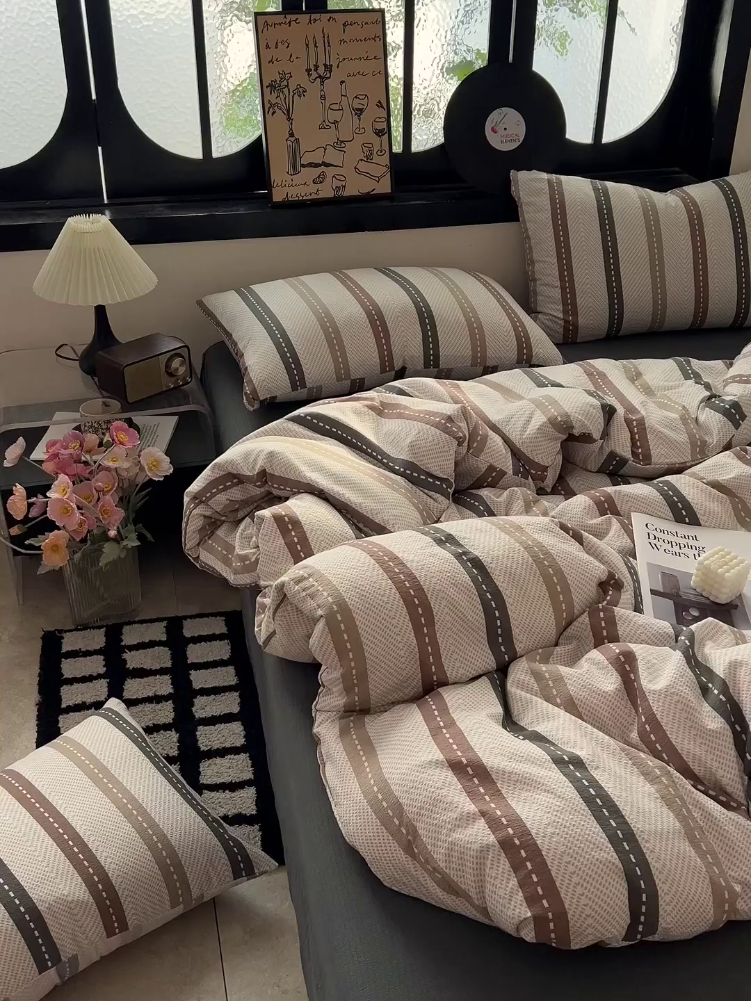 91家纺网 家纺一手货源 找家纺 花伞家居 2026新款中古风双层纱简约格纹系列（提供买家秀） 日系条纹