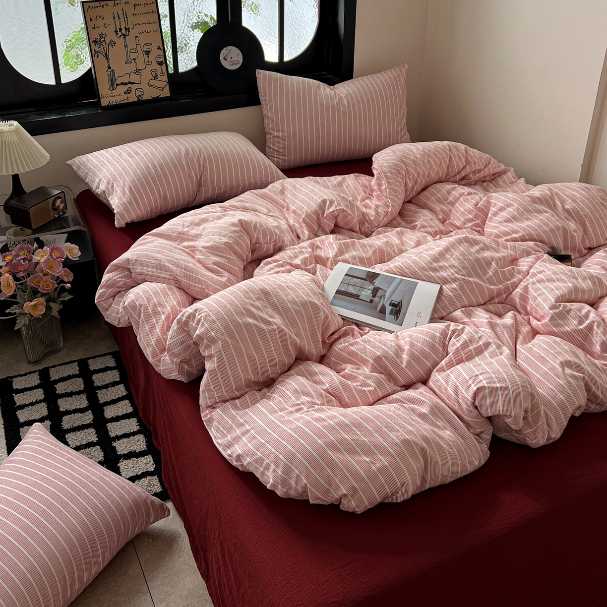 91家纺网 家纺一手货源 找家纺 花伞家居 2026新款中古风双层纱简约格纹系列（提供买家秀） 少女粉细条