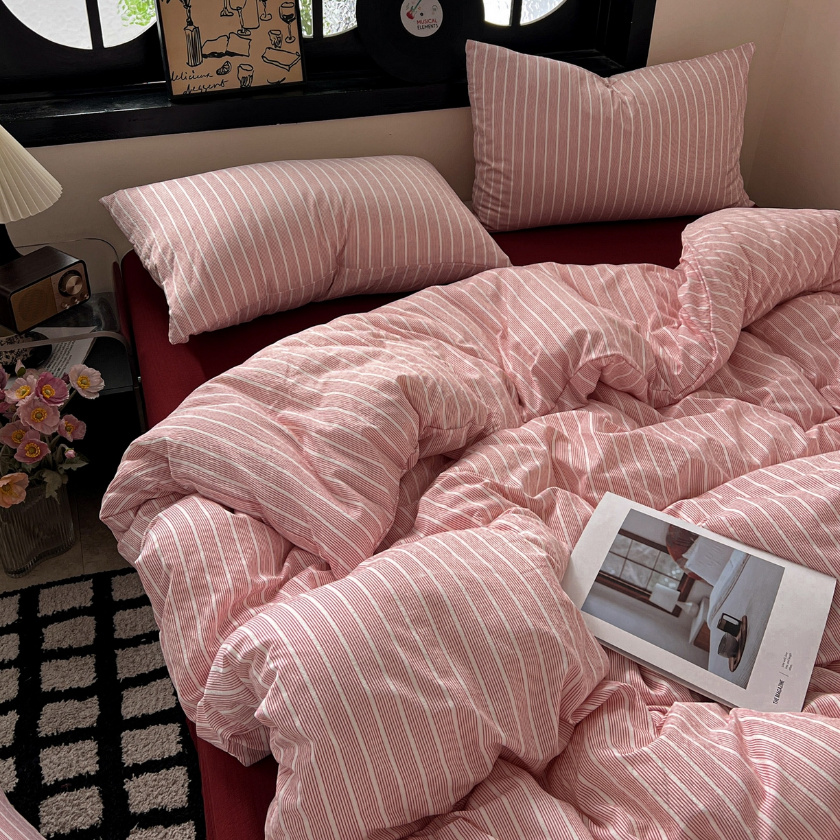 91家纺网 家纺一手货源 找家纺 花伞家居 2026新款中古风双层纱简约格纹系列（提供买家秀） 少女粉细条