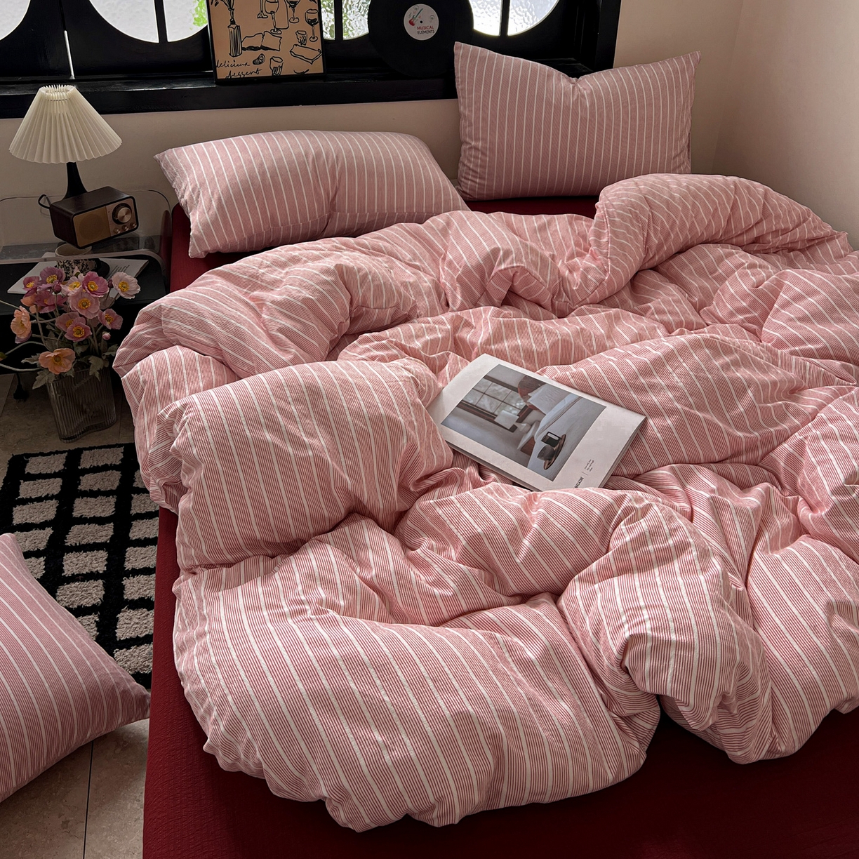 91家纺网 家纺一手货源 找家纺 花伞家居 2026新款中古风双层纱简约格纹系列（提供买家秀） 少女粉细条