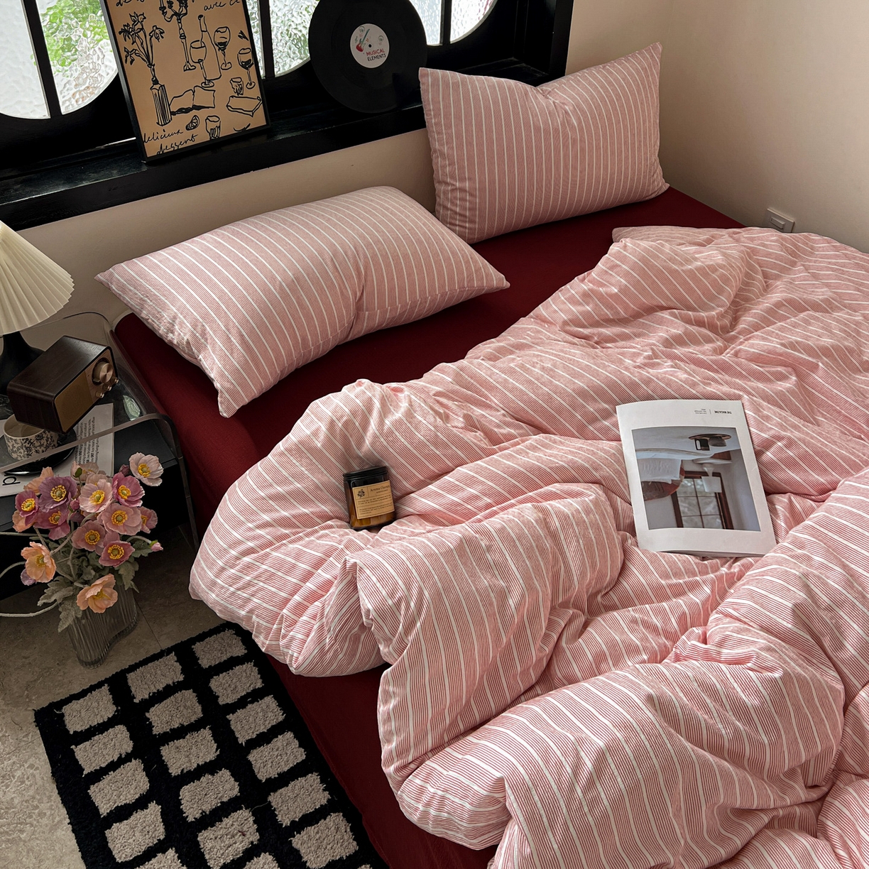 91家纺网 家纺一手货源 找家纺 花伞家居 2026新款中古风双层纱简约格纹系列（提供买家秀） 少女粉细条