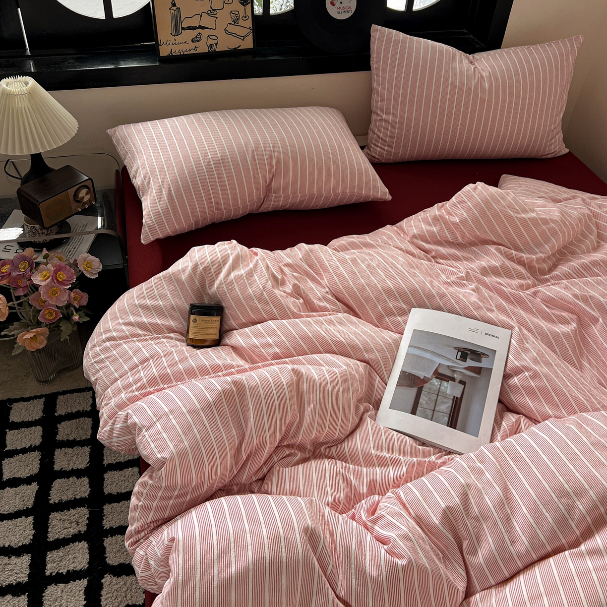 91家纺网 家纺一手货源 找家纺 花伞家居 2026新款中古风双层纱简约格纹系列（提供买家秀） 少女粉细条