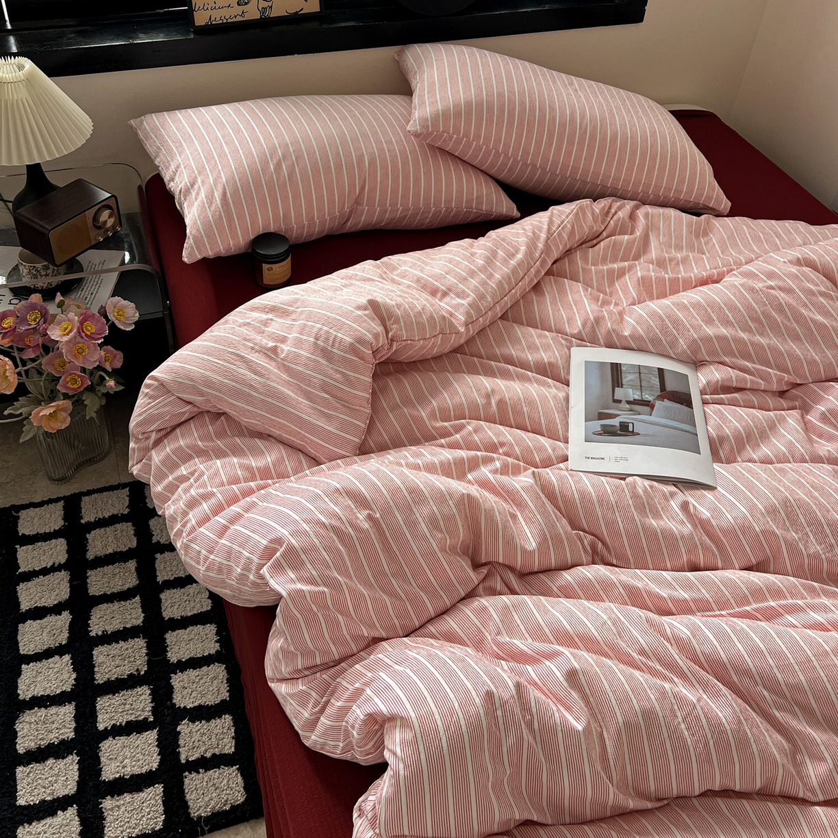 91家纺网 家纺一手货源 找家纺 花伞家居 2026新款中古风双层纱简约格纹系列（提供买家秀） 少女粉细条