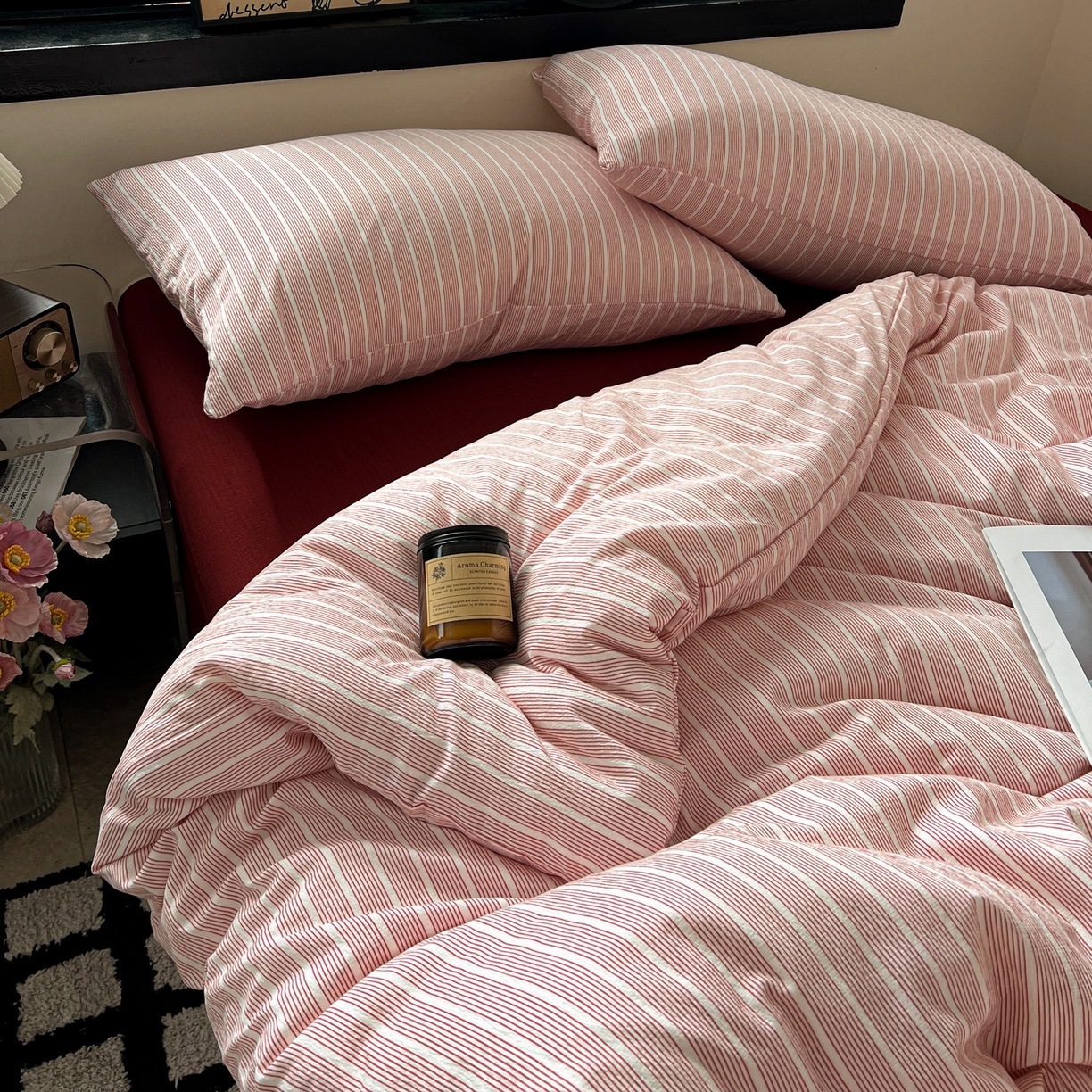 91家纺网 家纺一手货源 找家纺 花伞家居 2026新款中古风双层纱简约格纹系列（提供买家秀） 少女粉细条