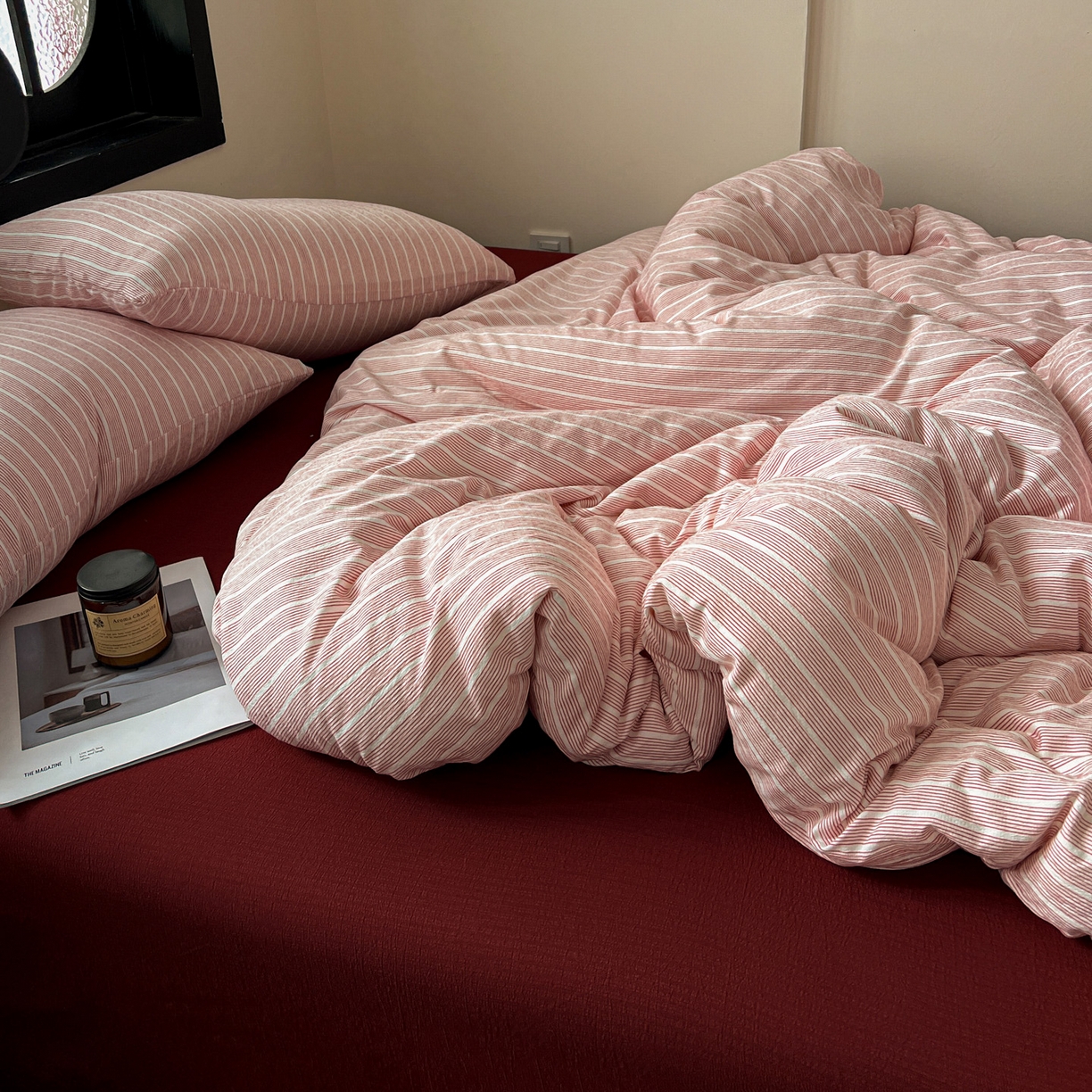 91家纺网 家纺一手货源 找家纺 花伞家居 2026新款中古风双层纱简约格纹系列（提供买家秀） 少女粉细条