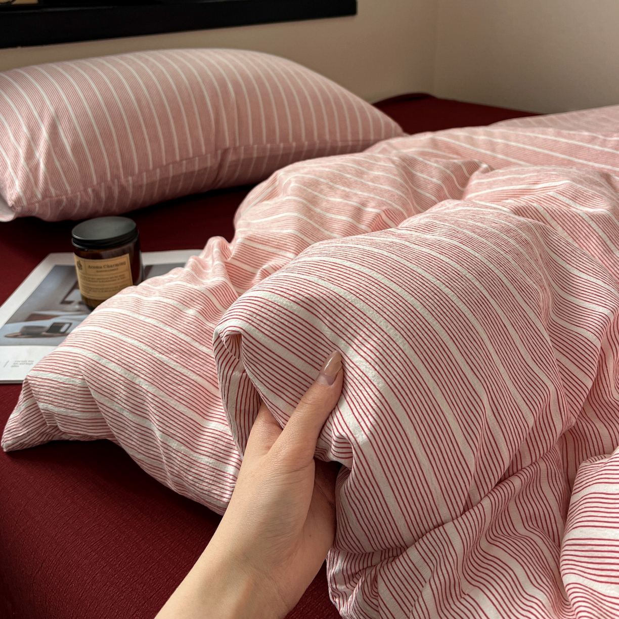 91家纺网 家纺一手货源 找家纺 花伞家居 2026新款中古风双层纱简约格纹系列（提供买家秀） 少女粉细条