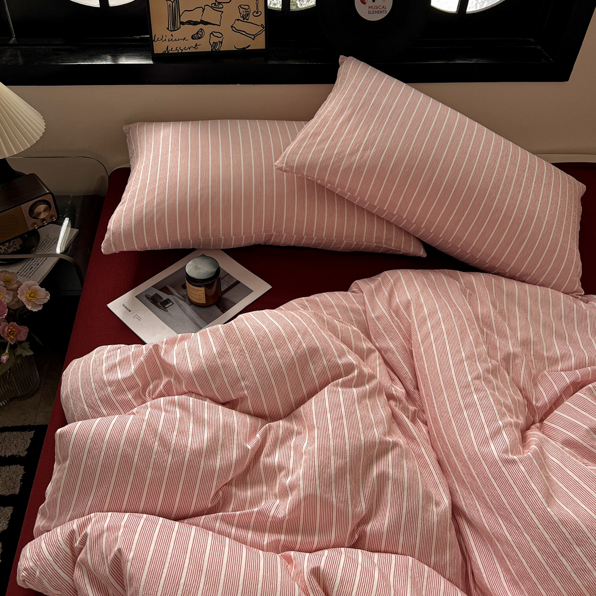 91家纺网 家纺一手货源 找家纺 花伞家居 2026新款中古风双层纱简约格纹系列（提供买家秀） 少女粉细条