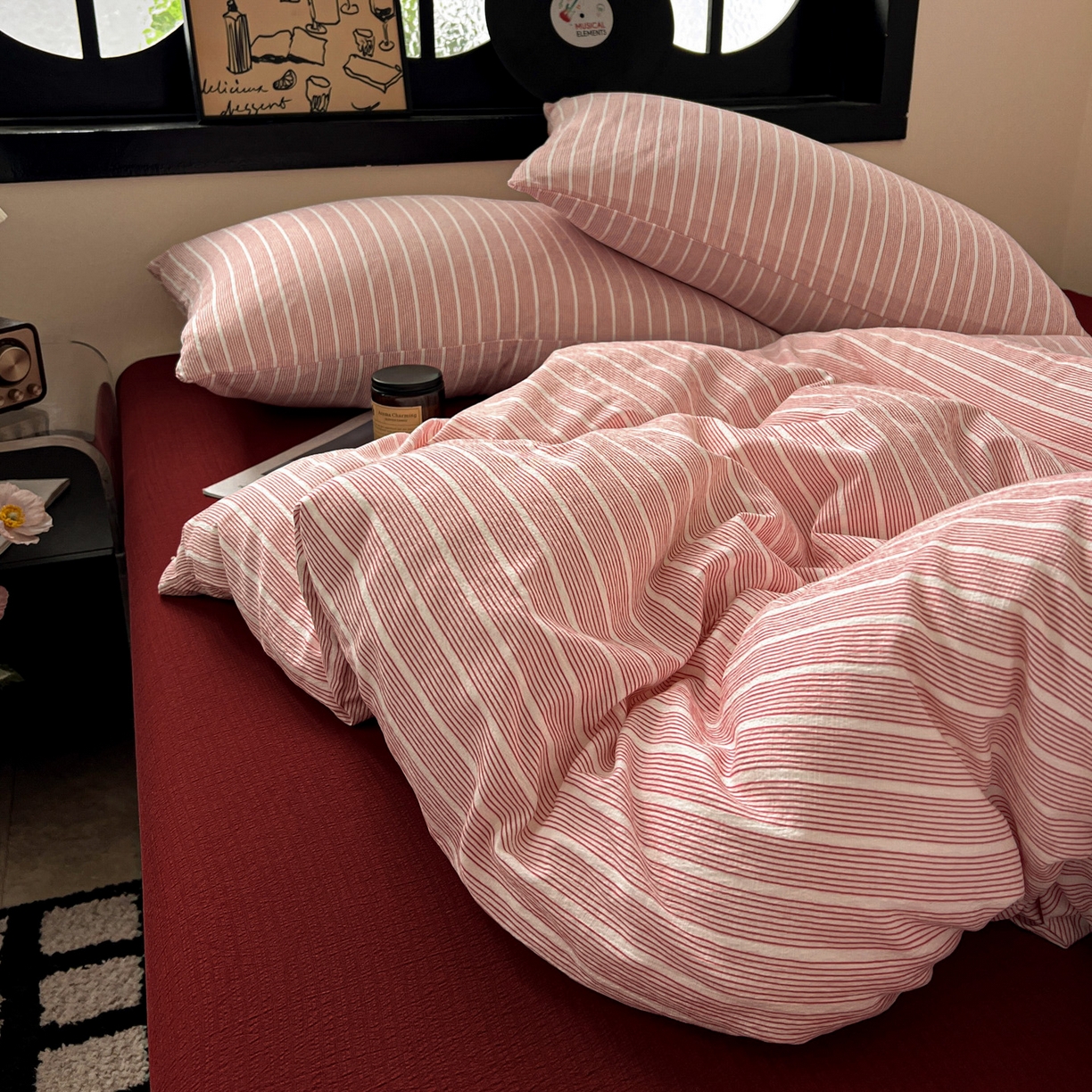 91家纺网 家纺一手货源 找家纺 花伞家居 2026新款中古风双层纱简约格纹系列（提供买家秀） 少女粉细条