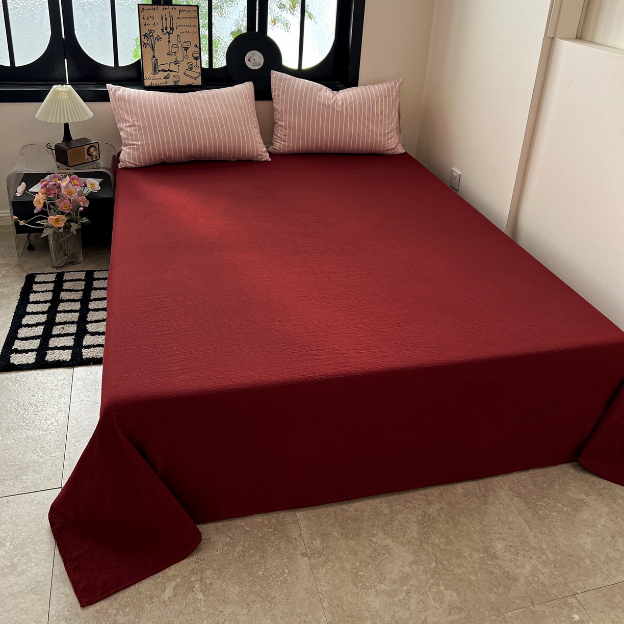 91家纺网 家纺一手货源 找家纺 花伞家居 2026新款中古风双层纱简约格纹系列（提供买家秀） 少女粉细条