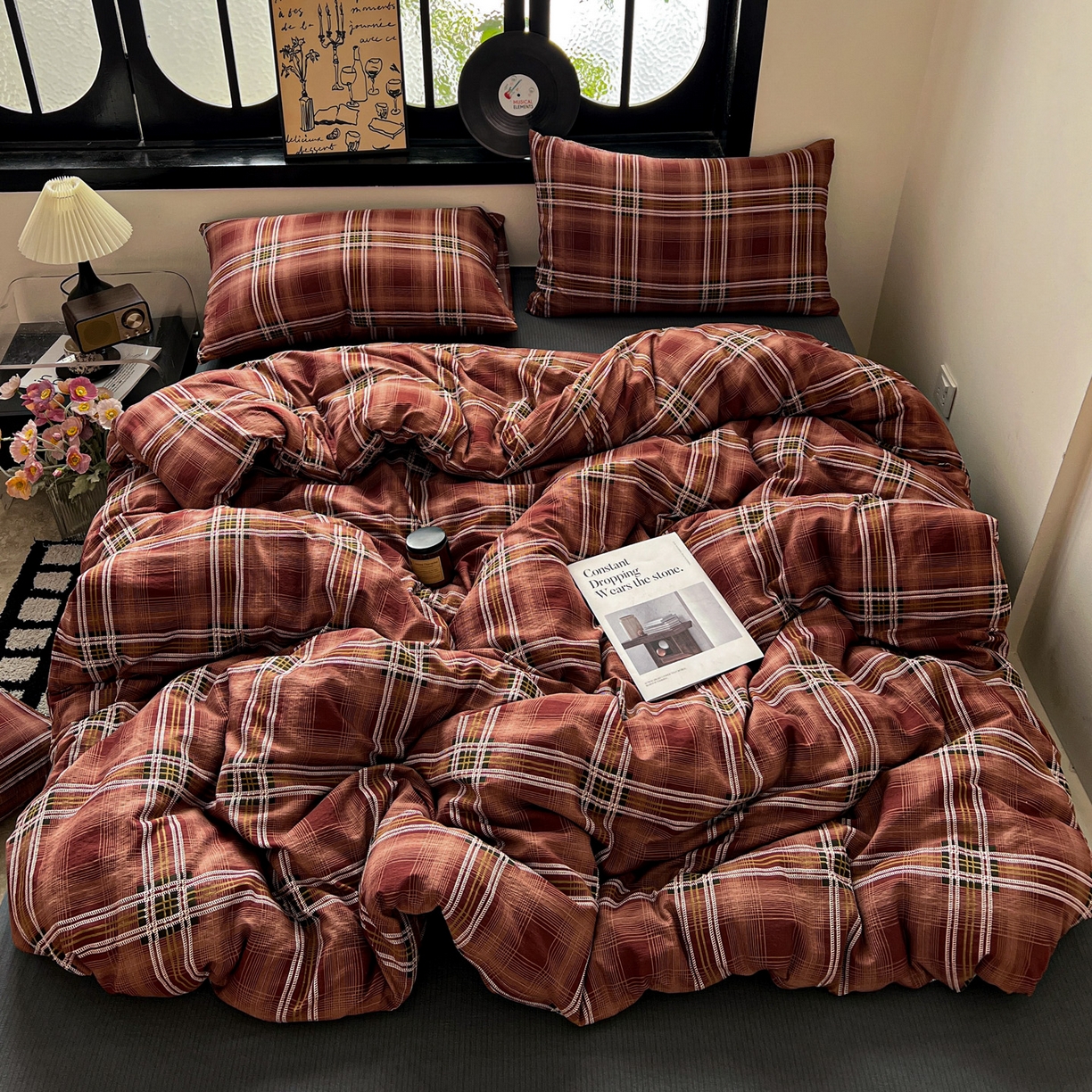 花伞家居 2026新款中古风双层纱简约格纹系列（提供买家秀） 苏格兰红格