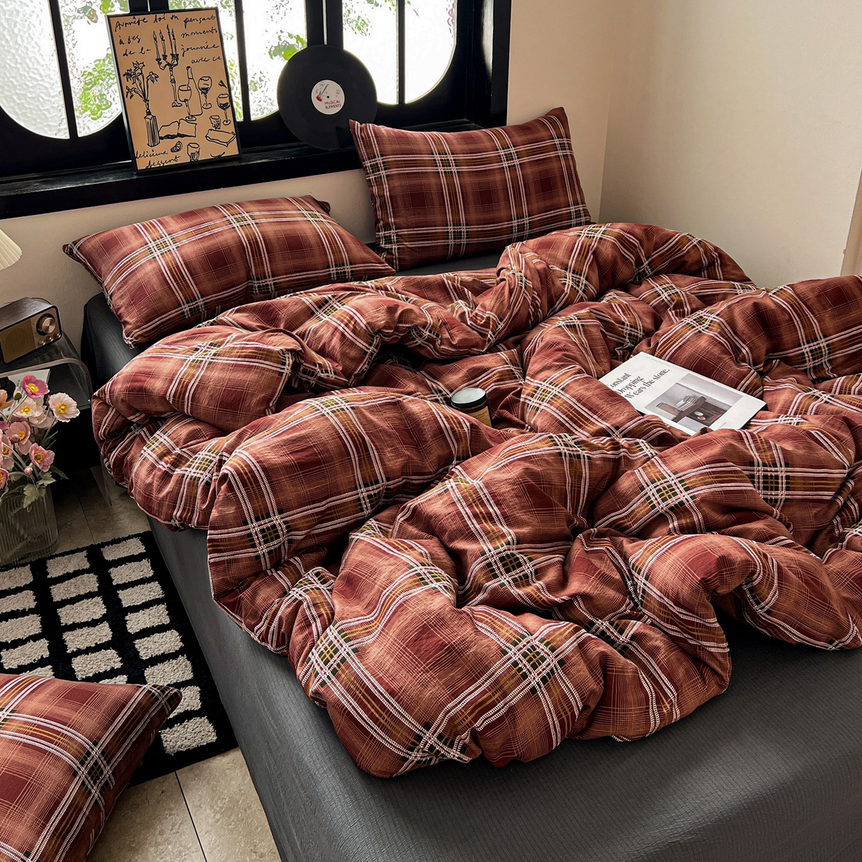 91家纺网 家纺一手货源 找家纺 花伞家居 2026新款中古风双层纱简约格纹系列（提供买家秀） 苏格兰红格