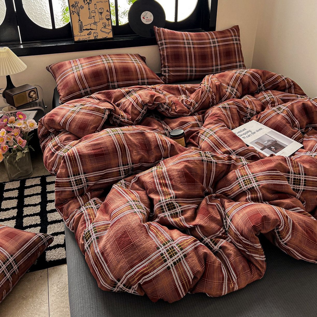 91家纺网 家纺一手货源 找家纺 花伞家居 2026新款中古风双层纱简约格纹系列（提供买家秀） 苏格兰红格