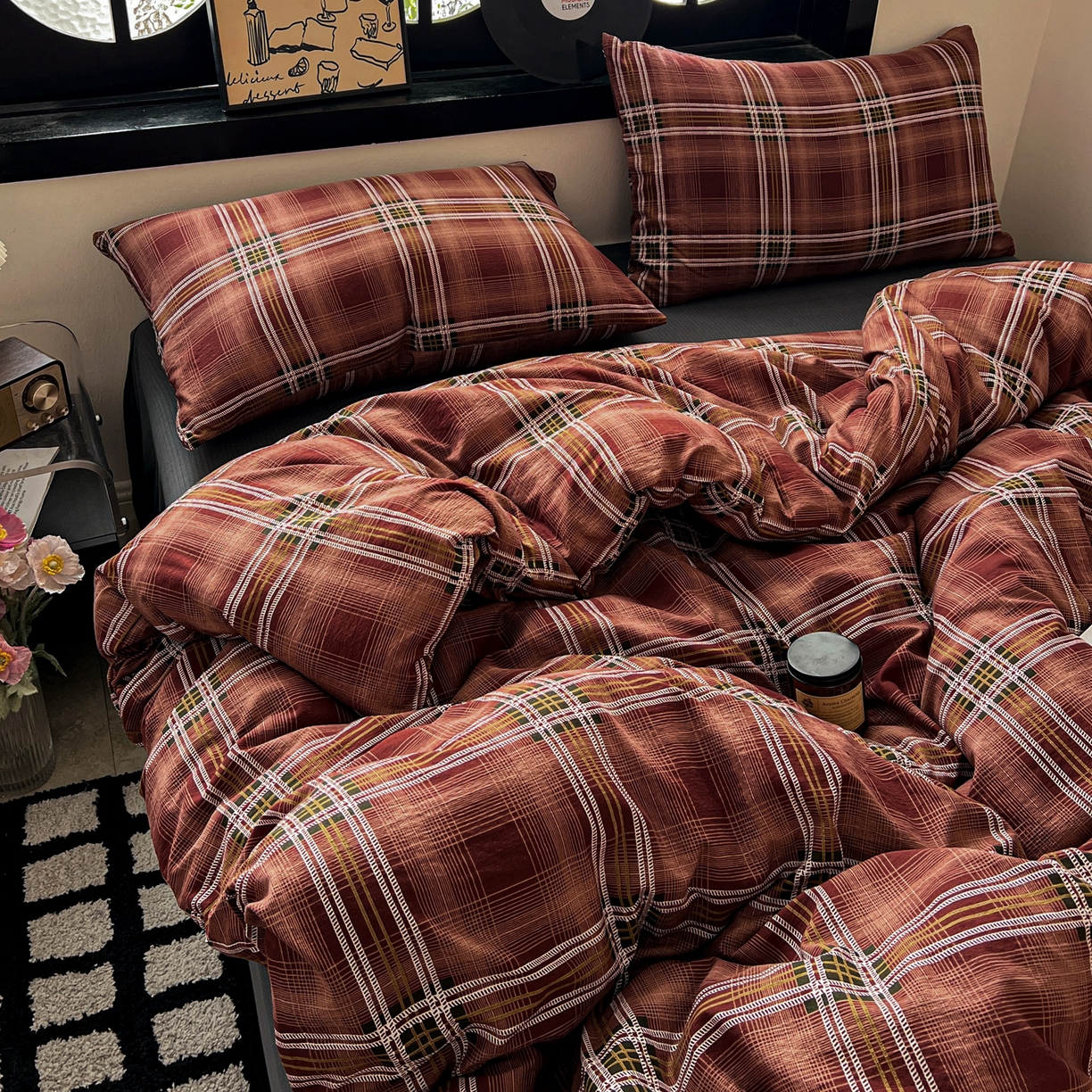 91家纺网 家纺一手货源 找家纺 花伞家居 2026新款中古风双层纱简约格纹系列（提供买家秀） 苏格兰红格