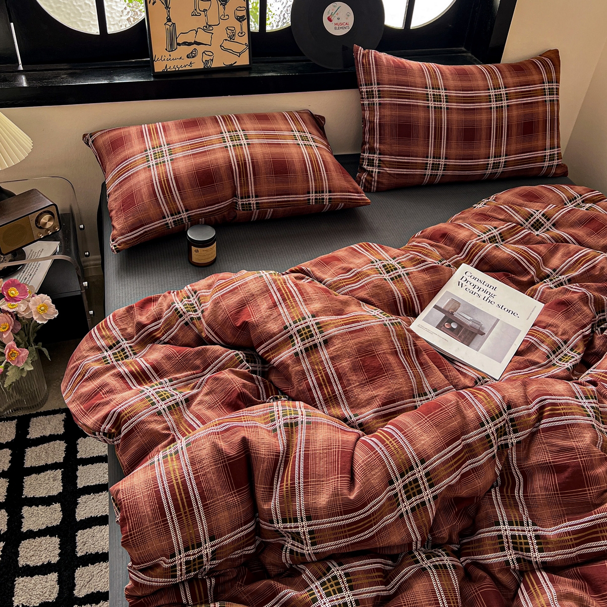 91家纺网 家纺一手货源 找家纺 花伞家居 2026新款中古风双层纱简约格纹系列（提供买家秀） 苏格兰红格