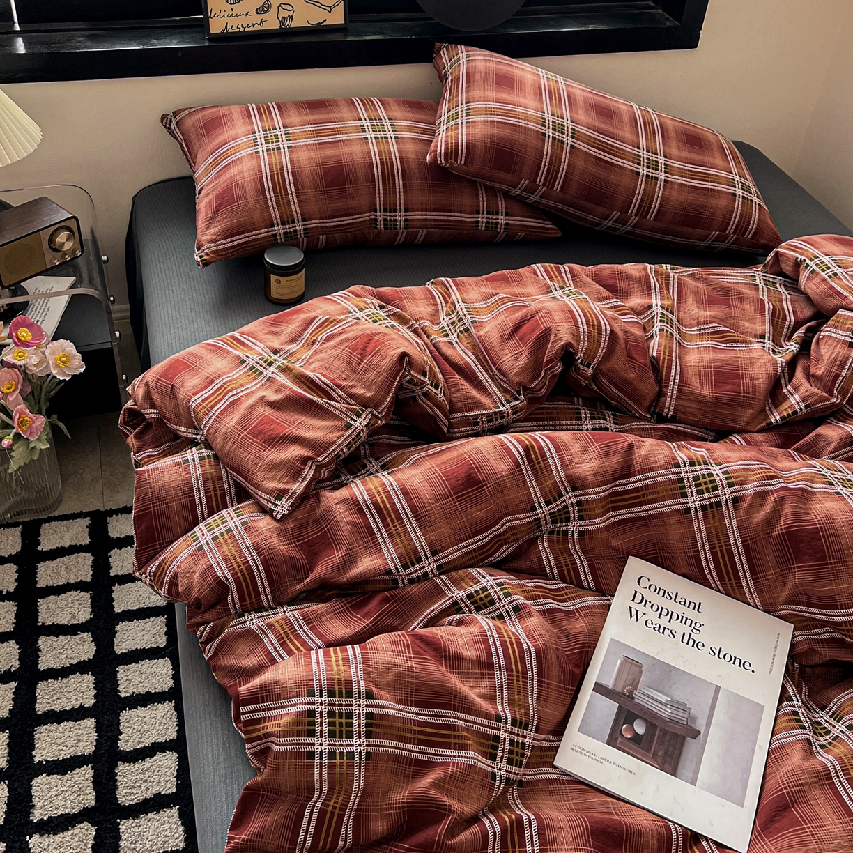 91家纺网 家纺一手货源 找家纺 花伞家居 2026新款中古风双层纱简约格纹系列（提供买家秀） 苏格兰红格