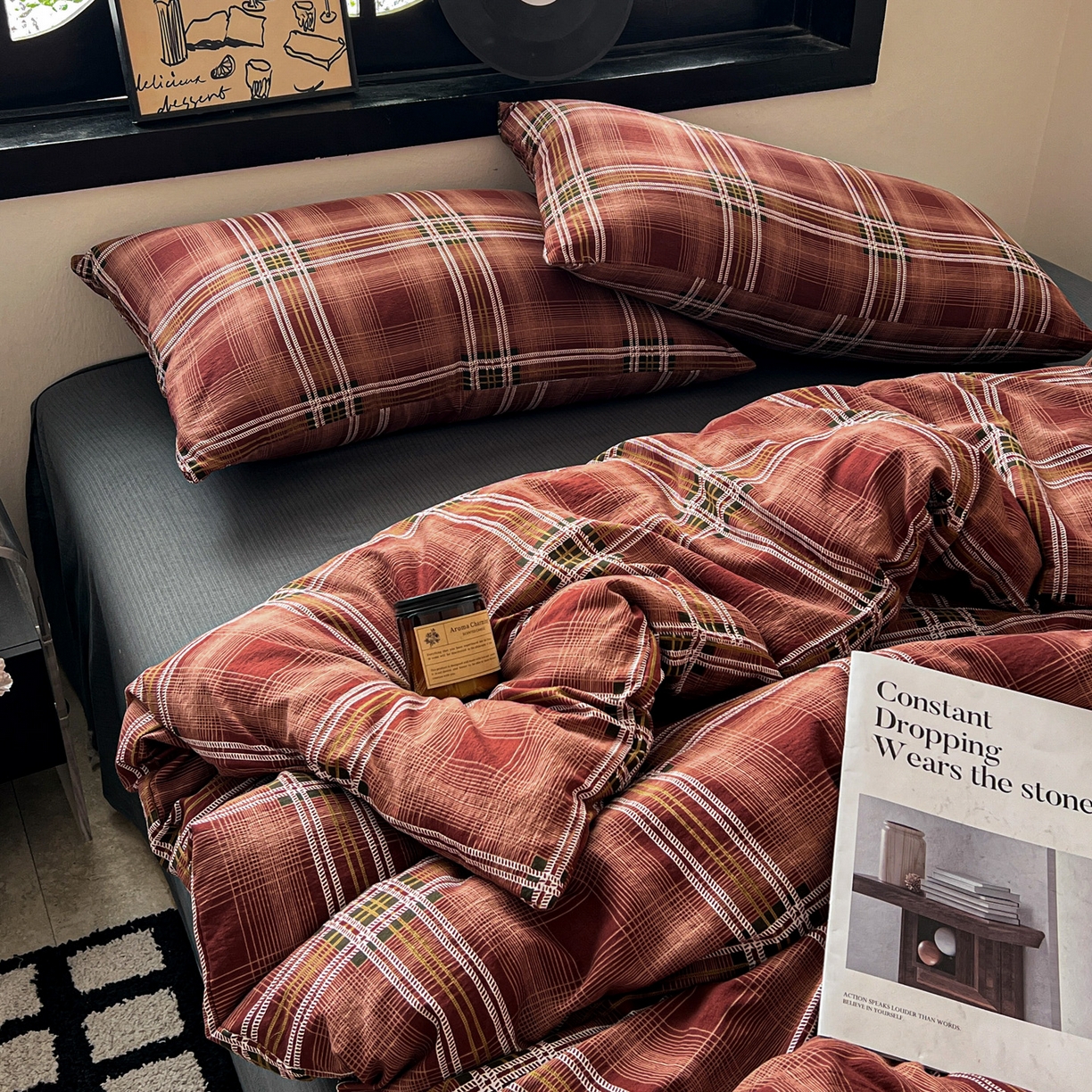 91家纺网 家纺一手货源 找家纺 花伞家居 2026新款中古风双层纱简约格纹系列（提供买家秀） 苏格兰红格