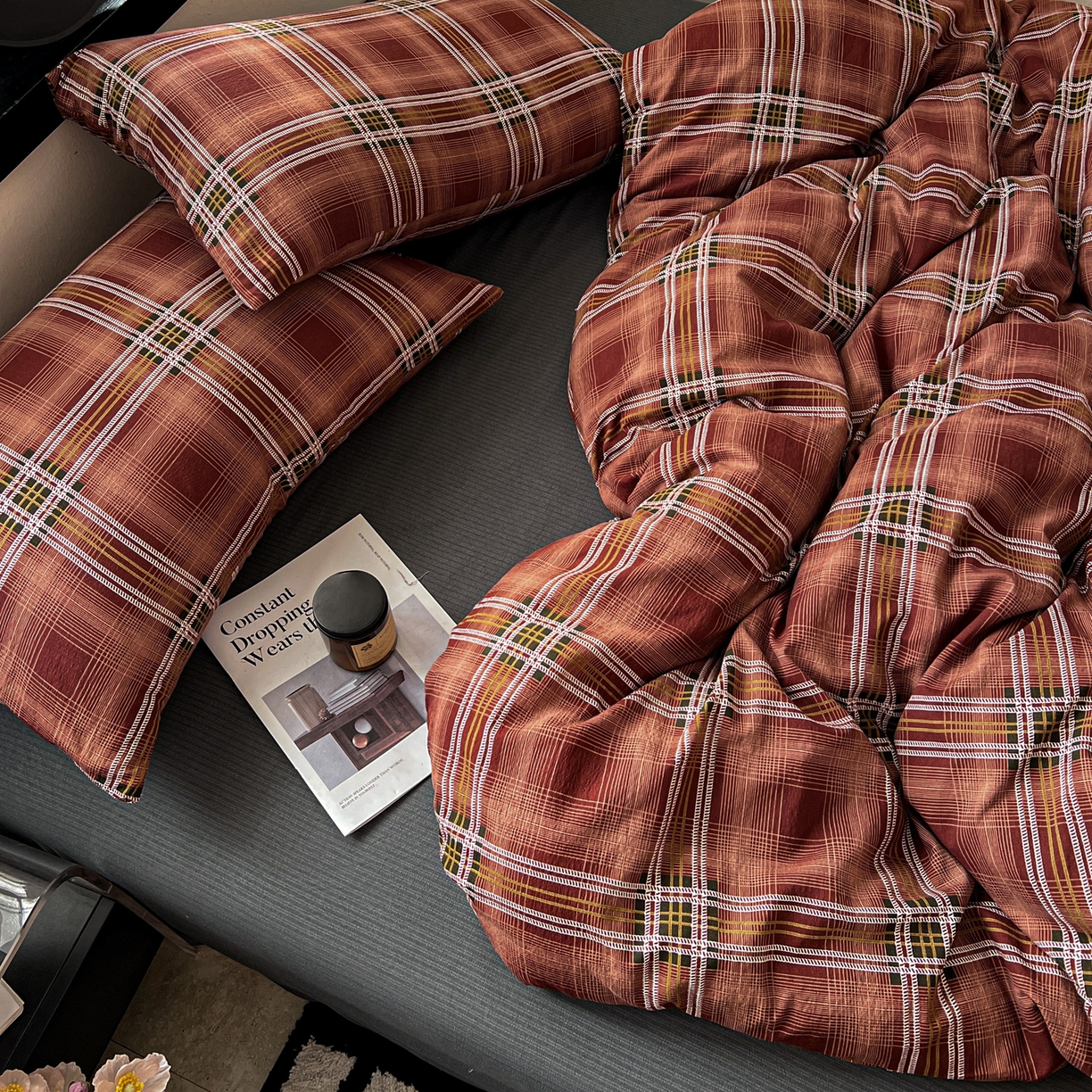 91家纺网 家纺一手货源 找家纺 花伞家居 2026新款中古风双层纱简约格纹系列（提供买家秀） 苏格兰红格