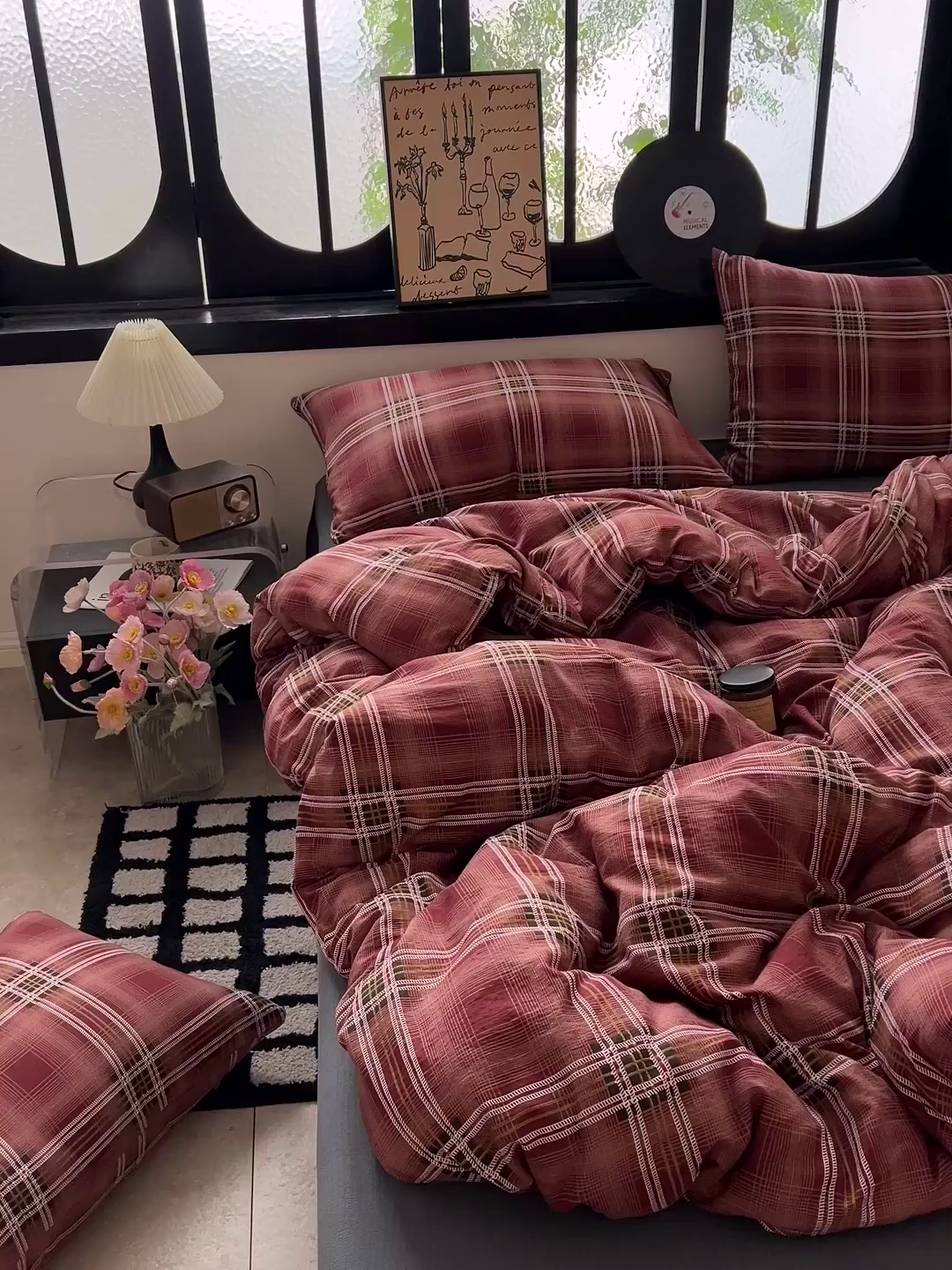 91家纺网 家纺一手货源 找家纺 花伞家居 2026新款中古风双层纱简约格纹系列（提供买家秀） 苏格兰红格