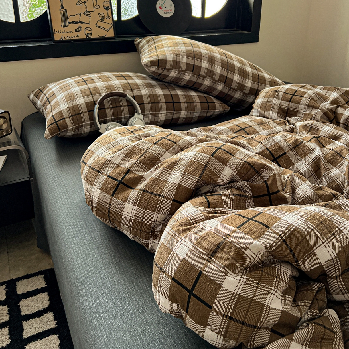 91家纺网 家纺一手货源 找家纺 花伞家居 2026新款中古风双层纱简约格纹系列（提供买家秀） 中古森系