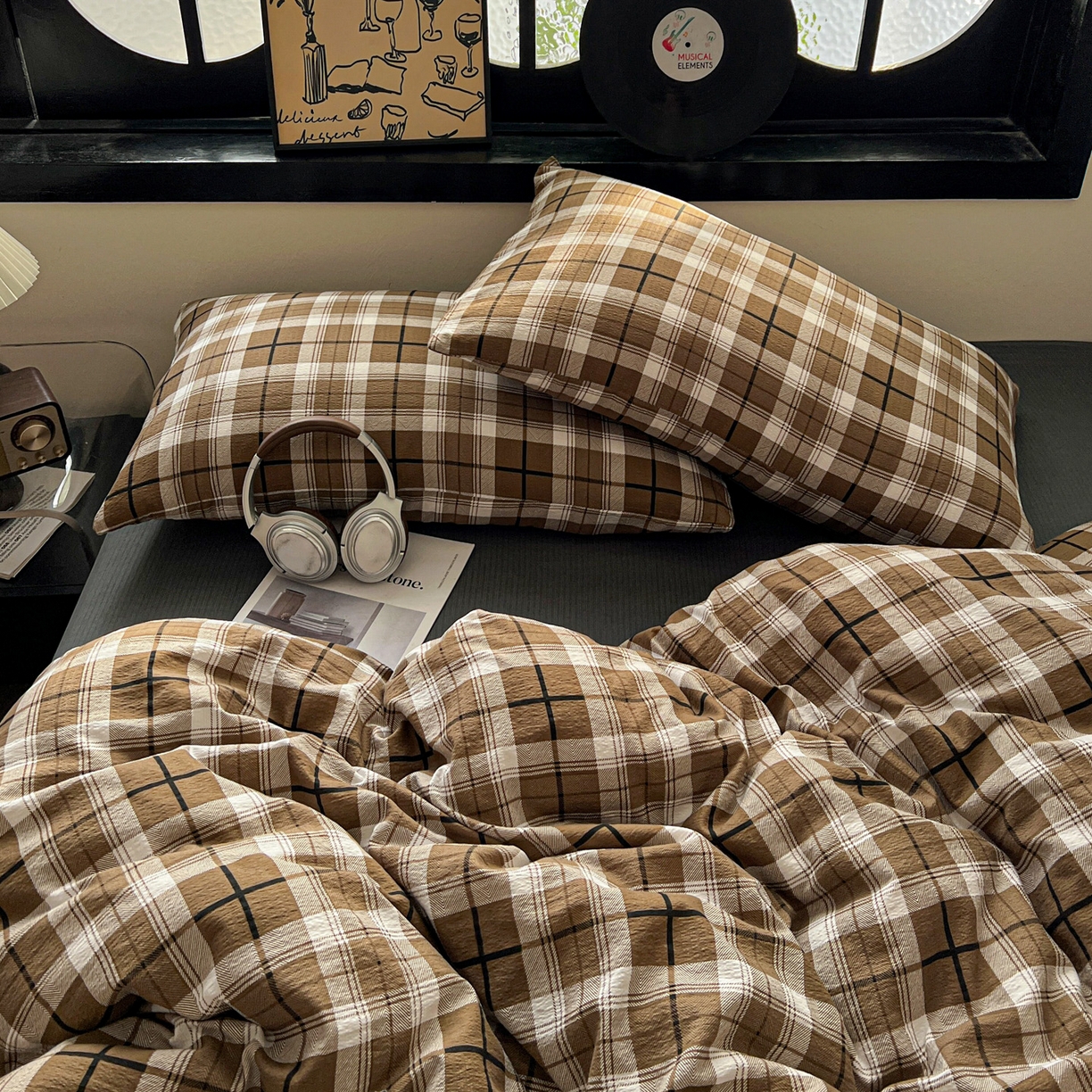 91家纺网 家纺一手货源 找家纺 花伞家居 2026新款中古风双层纱简约格纹系列（提供买家秀） 中古森系