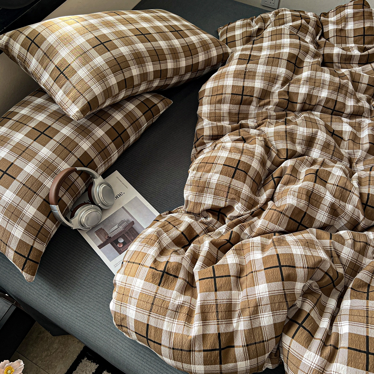 91家纺网 家纺一手货源 找家纺 花伞家居 2026新款中古风双层纱简约格纹系列（提供买家秀） 中古森系