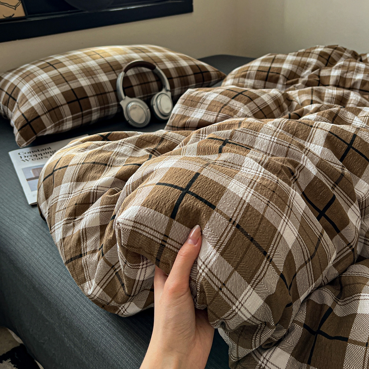 91家纺网 家纺一手货源 找家纺 花伞家居 2026新款中古风双层纱简约格纹系列（提供买家秀） 中古森系