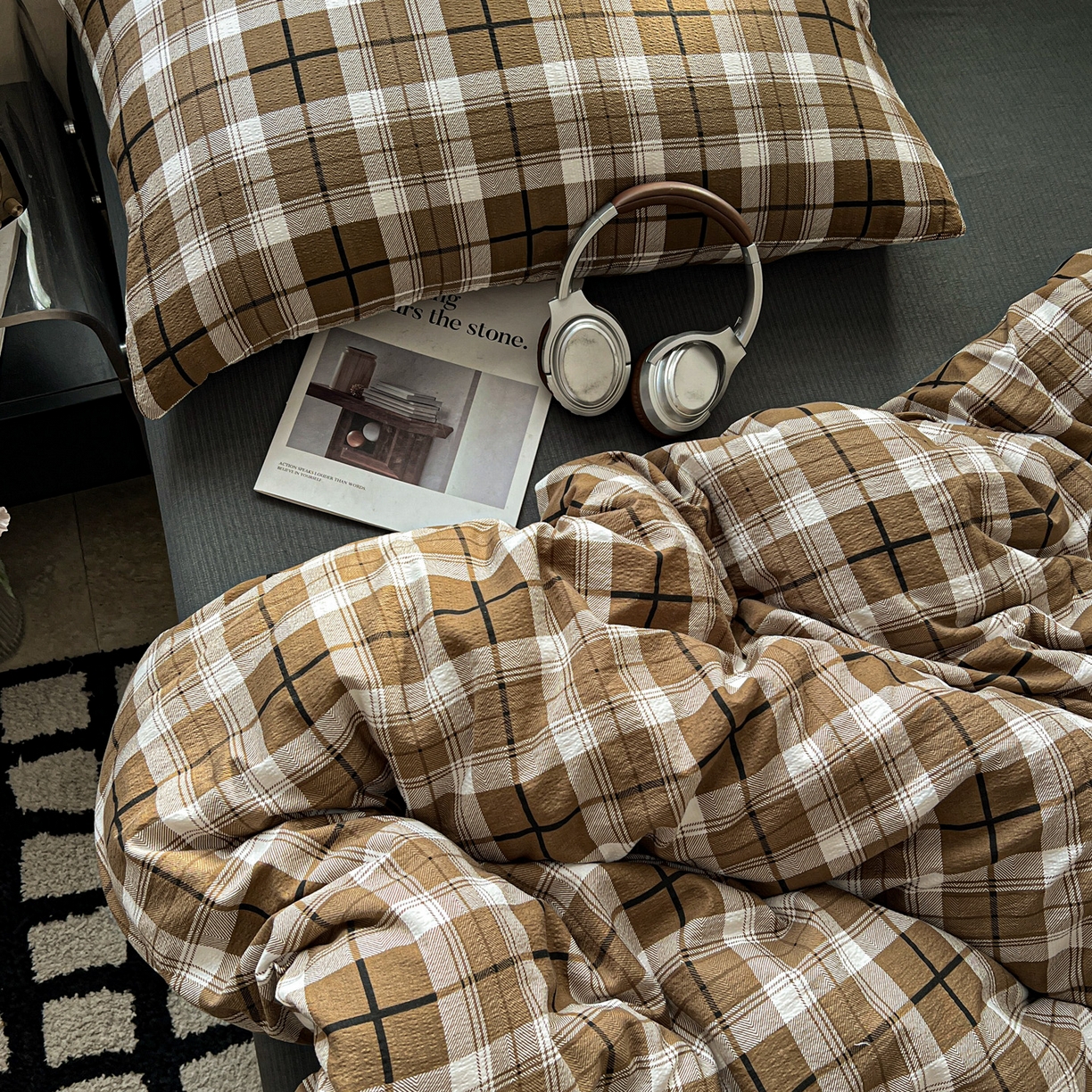 91家纺网 家纺一手货源 找家纺 花伞家居 2026新款中古风双层纱简约格纹系列（提供买家秀） 中古森系