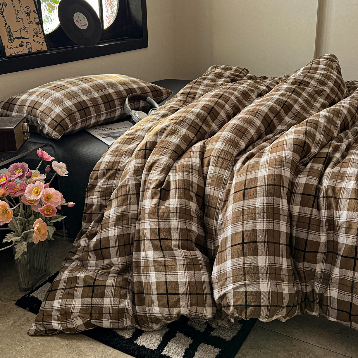 91家纺网 家纺一手货源 找家纺 花伞家居 2026新款中古风双层纱简约格纹系列（提供买家秀） 中古森系