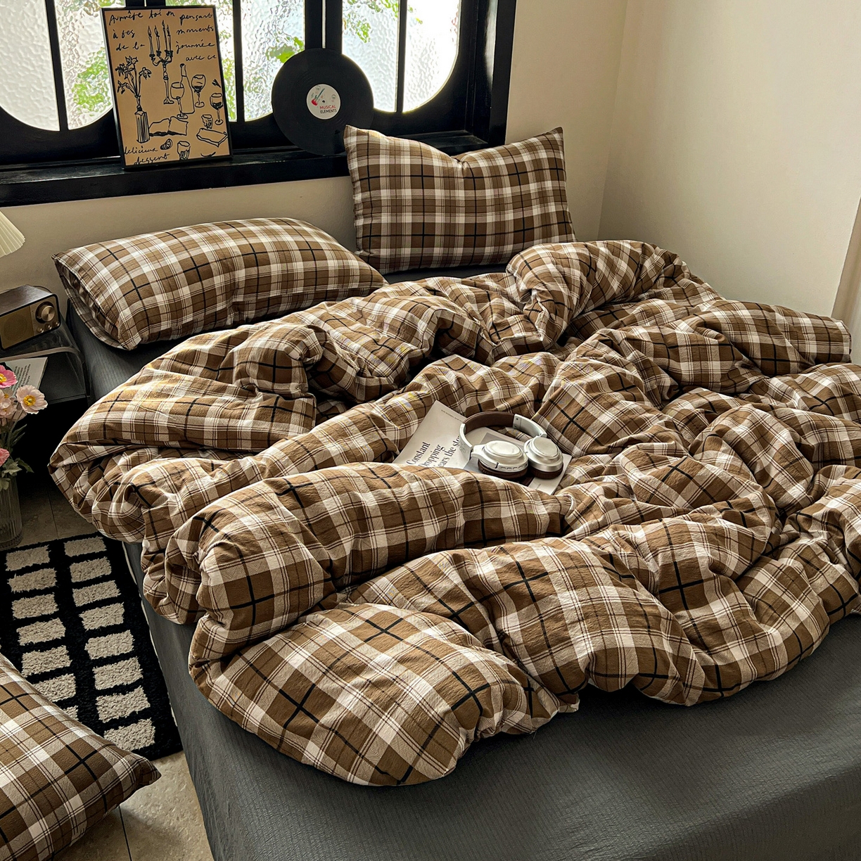 91家纺网 家纺一手货源 找家纺 花伞家居 2026新款中古风双层纱简约格纹系列（提供买家秀） 中古森系