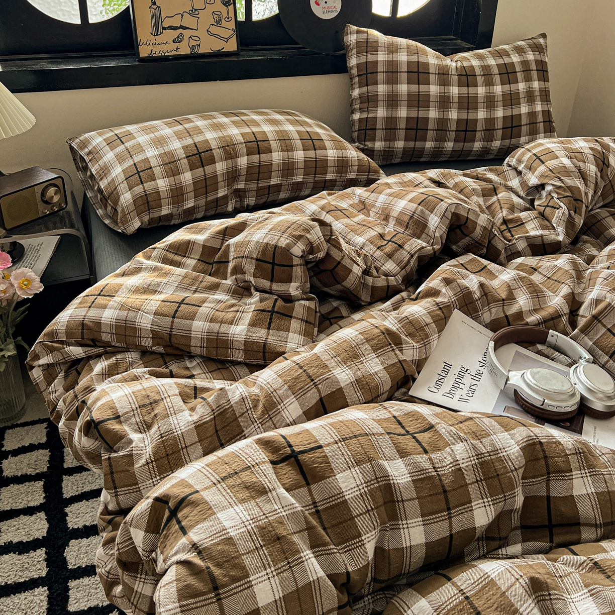 91家纺网 家纺一手货源 找家纺 花伞家居 2026新款中古风双层纱简约格纹系列（提供买家秀） 中古森系